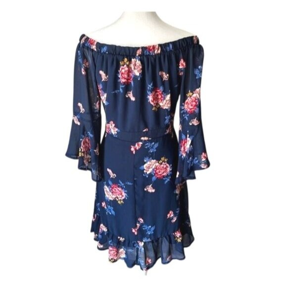 Xhilaration Floral Off-The-Shoulder Ruffle Navy Blue & Pink Dress Size Medium - Picture 3 of 12